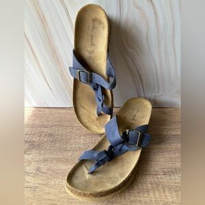 Mila Paoli Sandals Women's 9.5 Blue Leather slip On Toe Strap Wedge Shoes